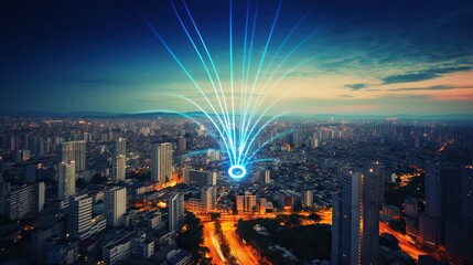 Fototapeta premium Cityscape with Light Beams at Night