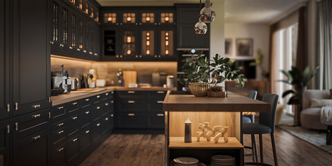 A cozy kitchen with dark cabinets and light countertops