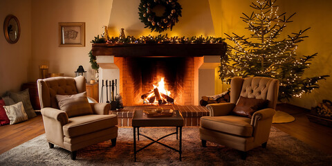 Fototapeta premium A cozy and warm living room with a large fireplace filled with burning logs