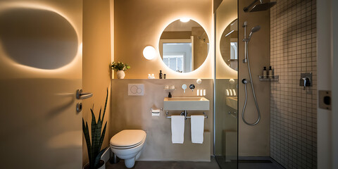  of a small bathroom with an efficient layout and warm lighting