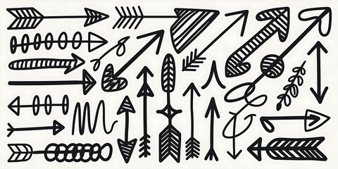 A hand drawn design element with various styles of black arrows on a white background