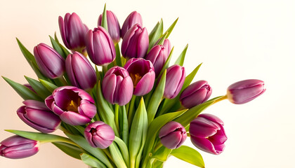 Obraz premium Luxurious bouquet of deep purple tulips with lush green leaves on a soft beige background, floral background, copy space, Women's Day, Mother's Day, Wedding, Valentine's Day, birthday, anniversary
