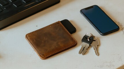 Brown Leather Wallet Keys Phone on Table