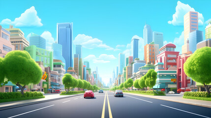 Vibrant City Street Scene with Cars and Lush Trees