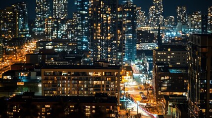 Naklejka premium city at night, glowing skyline, city lights, urban nightlife, illuminated streets