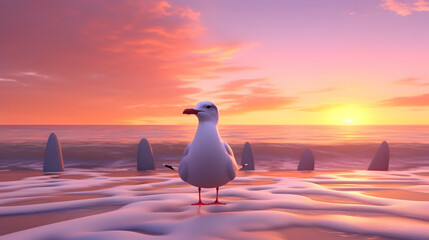 Majestic Seagull at Sunrise on the Beach