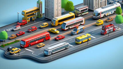 Colorful 3D Rendered City Street Scene with Diverse Vehicles