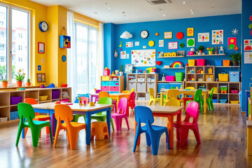 Colorful kindergarten playroom with child-sized furniture, educational toys, and vibrant decor, promoting a cheerful and creative learning environment