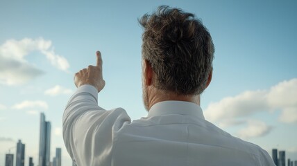 Strategic Impact concept. A man in a white shirt gestures upward against a city skyline backdrop.