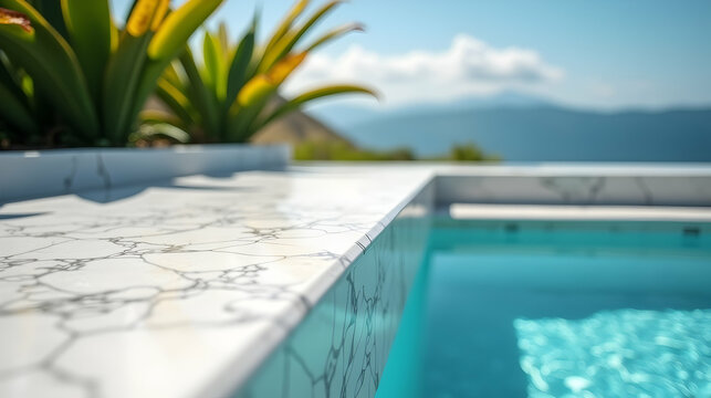 Tranquil poolside view: Marble edge, lush plants, distant mountains, and a sparkling turquoise pool create a serene escape. 
