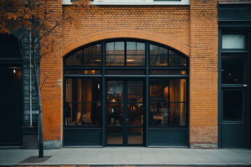 Charming storefront with arched glass windows set in a brick facade, showcasing a mix of modern and vintage urban architecture.