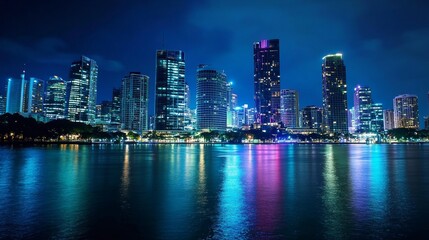 Naklejka premium city skyline, urban landscape, skyscrapers, city lights, modern architecture