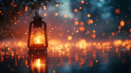 Lantern glowing bright above shimmering water creating magical atmosphere at dusk