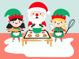 Santa and his elves are baking cookies in a fun, playful style. Santa holds a mixing bowl, while the elves use a rolling pin and a whisk. Perfect for festive holiday illustrations.