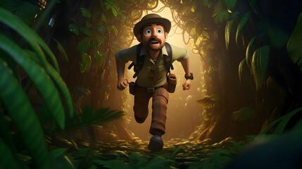 Animated explorer running through a lush jungle.