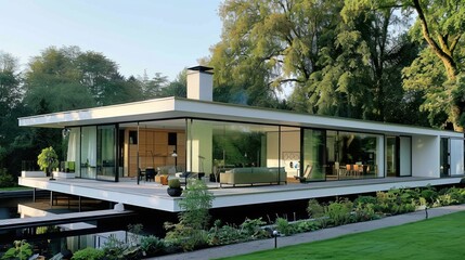 A sleek modern house with large glass windows and a minimalist design, surrounded by greenery,