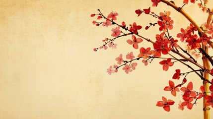 Golden bamboo paired with bright plum blossoms, creating a vibrant and elegant design on a minimalist and serene backdrop.