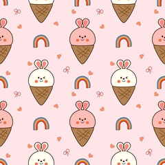 Ice cream rabbit cartoon so cute. On rainbow knot heart pink background. Pattern seamless vector illustration. 

