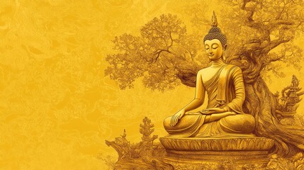 Golden Buddha statue in meditation under a sacred Bodhi tree, surrounded by Thai cultural patterns on a radiant yellow vector background.