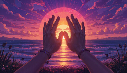 Two hands holding tightly as the sun sets below the horizon in a vibrant cartoon-style illustration