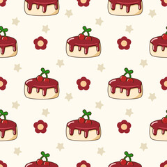 Cake cherry cartoon so cute. On flower star background. Pattern seamless vector illustration. 
