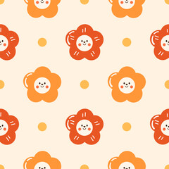 Face flower cartoon so cute. On polka dot background. Pattern seamless vector illustration. 