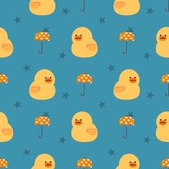 Duck yellow cartoon so cute. On umbrella star background. Pattern seamless vector illustration. 