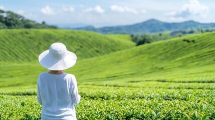 Fototapeta premium Woman in white dress and hat overlooking vast green tea plantation.