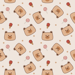 Face bear cartoon so cute. On ice cream lollipop polka dot background. Pattern seamless vector illustration. 