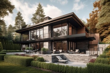 Modern Black House nestled amongst lush green trees