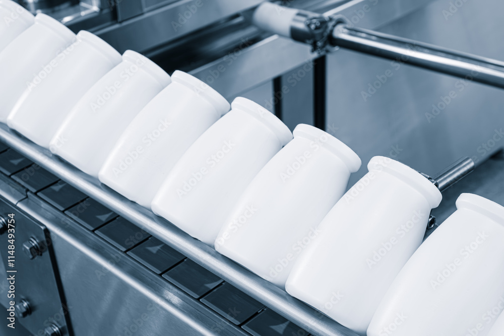Poster A row of white bottles are lined up on a conveyor belt. The bottles are all the same size and shape