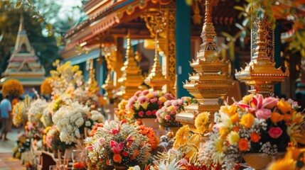 Obraz premium A beautiful display of Songkran festive decorations, featuring floral arrangements and traditional Thai motifs,