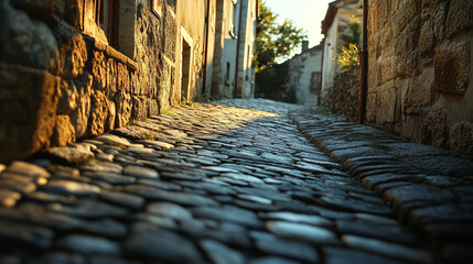 Cobblestone street illuminated by sunlight in a quaint village