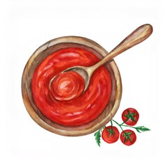 Watercolor illustration of wooden spoon mixing tomato sauce in a bowl with fresh tomatoes on a vine