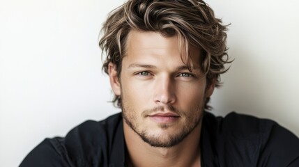 Fototapeta premium Close-Up Portrait of a Stylish Young Man with Wavy Hair
