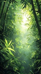 Naklejka premium A serene view of a lush bamboo forest, capturing the vibrant green hues and soft light filtering through the dense foliage, creating a tranquil and inviting atmosphere.