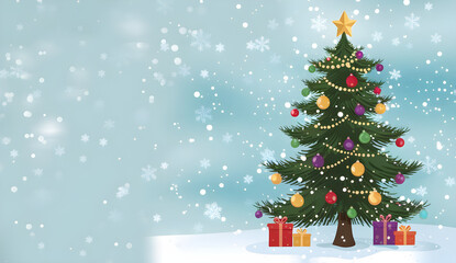 Fototapeta premium New Year Card: Winter Landscape with Decorated Christmas Tree in Snowy Field,Beautiful Christmas tree with gift boxes on snow,Christmas themed poster, space for text.isolated empty christmas