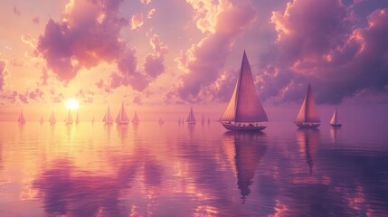 Sailboats at Sunset on a Calm Ocean