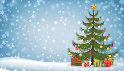 Obraz premium New Year Card: Winter Landscape with Decorated Christmas Tree in Snowy Field,Beautiful Christmas tree with gift boxes on snow,Christmas themed poster, space for text.isolated empty christmas