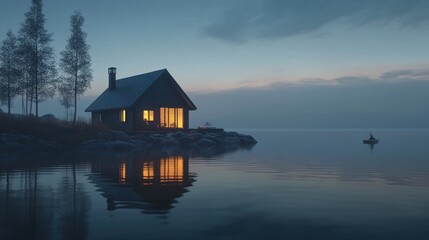 Fototapeta premium Lakeside Cabin Illuminated at Dusk a Serene Scene
