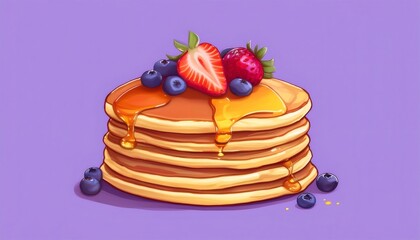 Fluffy pancake stack drizzled with maple syrup, topped with fresh blueberries and ripe strawberries