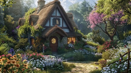 Fototapeta premium A charming cottage with a thatched roof, surrounded by blooming flowers in a picturesque garden,