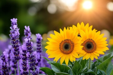 Obraz premium A bee-friendly garden filled with lavender, sunflowers, and other pollinator-attracting plants under a bright summer sun