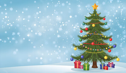 Obraz premium New Year Card: Winter Landscape with Decorated Christmas Tree in Snowy Field,Beautiful Christmas tree with gift boxes on snow,Christmas themed poster, space for text.isolated empty christmas