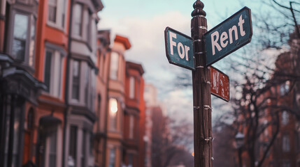 Fototapeta premium For rent sign displayed on a residential building, symbolizing opportunities for new beginnings and the dynamic nature of urban living.