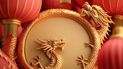 Obraz premium Golden dragon with detailed scales, framing a circular space for a greeting card, with vibrant red and gold Chinese lanterns above.