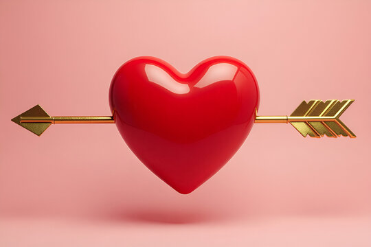 Metallic red heart pierced by golden arrow on pink background