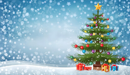 Obraz premium New Year Card: Winter Landscape with Decorated Christmas Tree in Snowy Field,Beautiful Christmas tree with gift boxes on snow,Christmas themed poster, space for text.isolated empty christmas