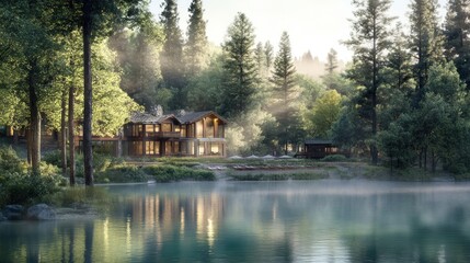 Fototapeta premium Lakeside Log Cabin Home nestled in a serene forest setting