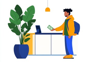 A cheerful 2D illustration of a person exchanging money at a counter, with simplified details and bright, playful colors on a white canvas
